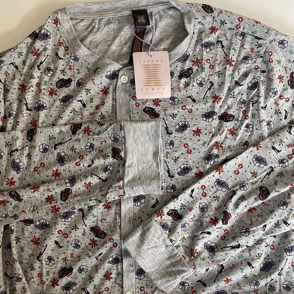 Savage Fenty‎ Pajama One Piece Open Back Pajama Graphic Print Sz Large Christmas